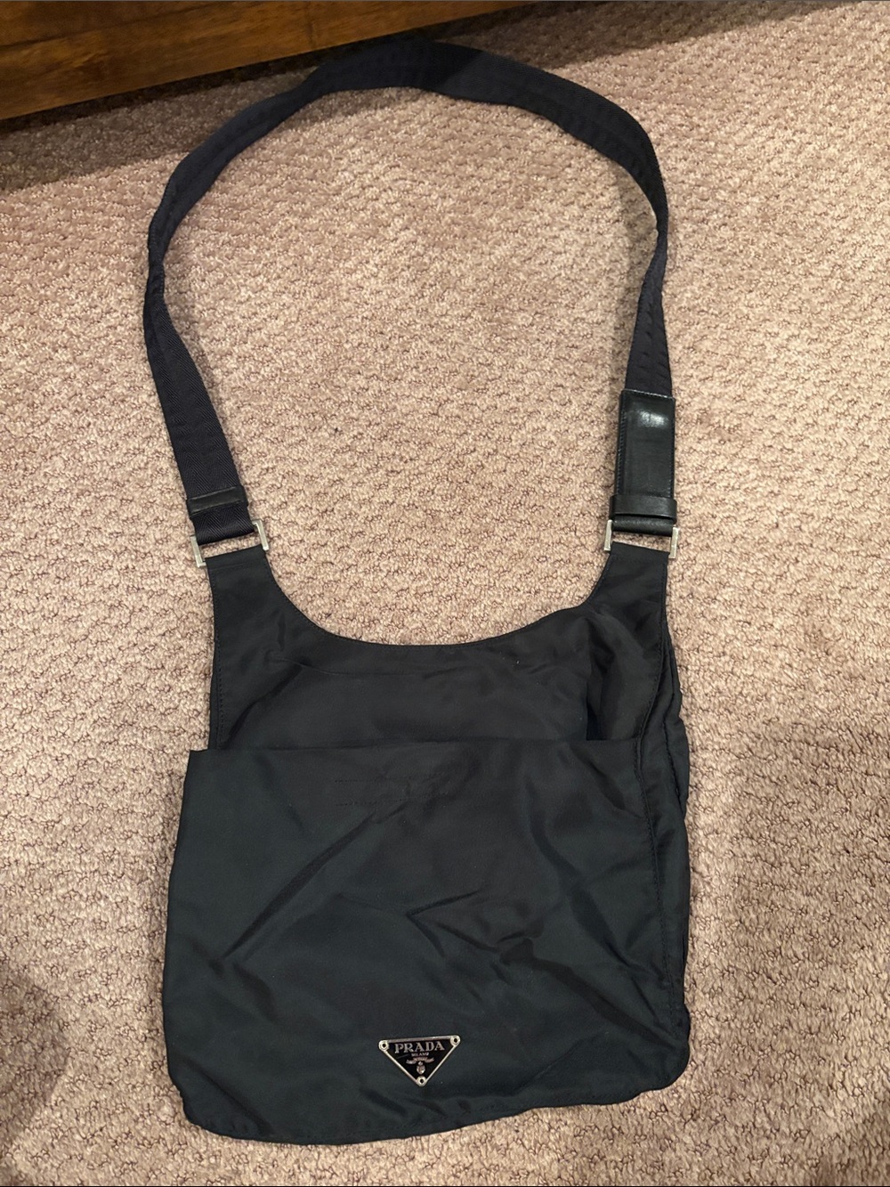 Prada Black Nylon Messenger Bag with Logo Plaque
